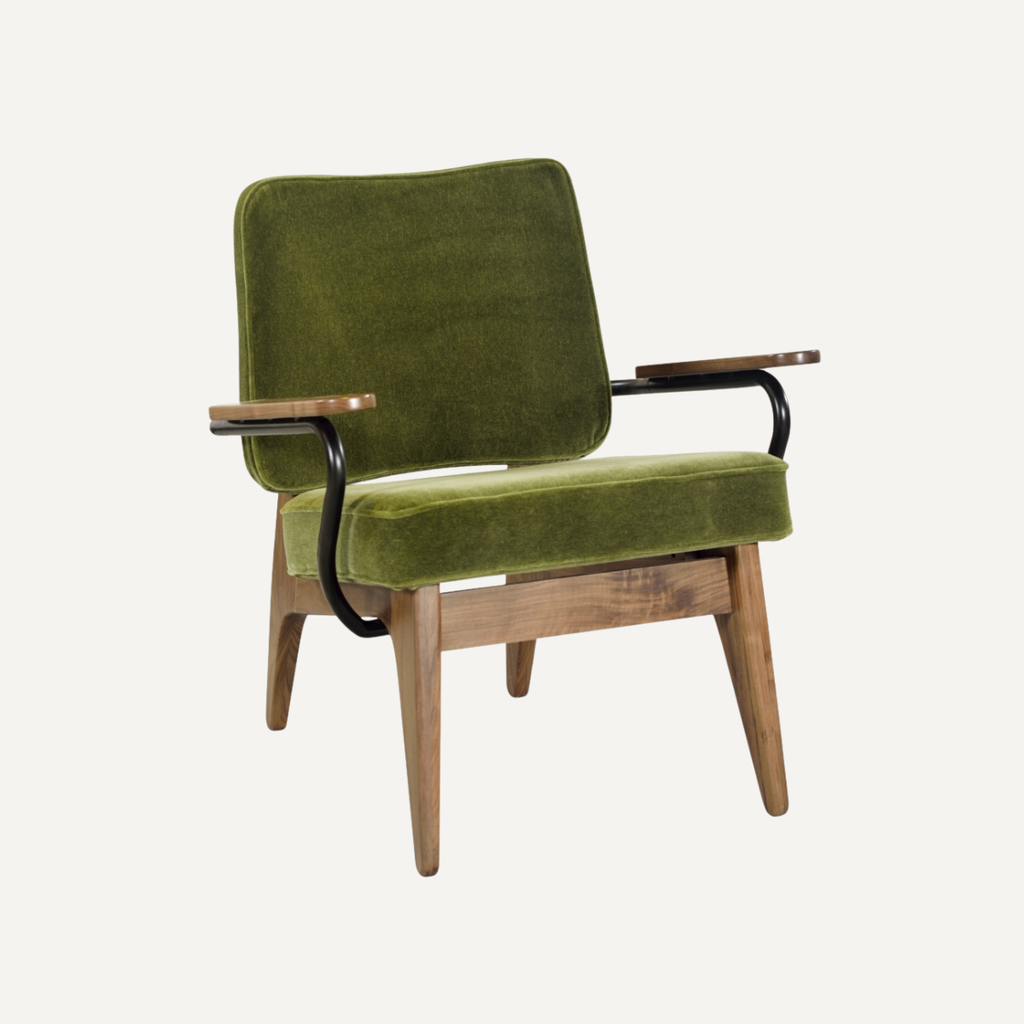 Velvet Lounge Chair with Walnut Frame