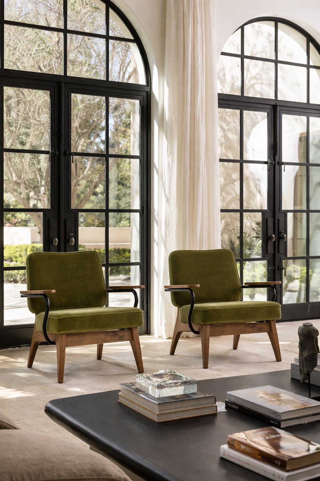 Velvet Lounge Chair with Walnut Frame