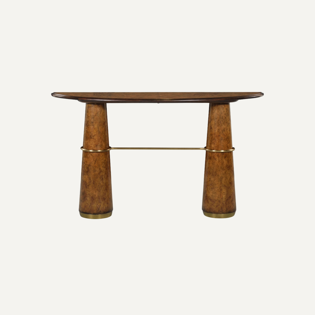 Burl Pedestal Console Table with Brass Detail