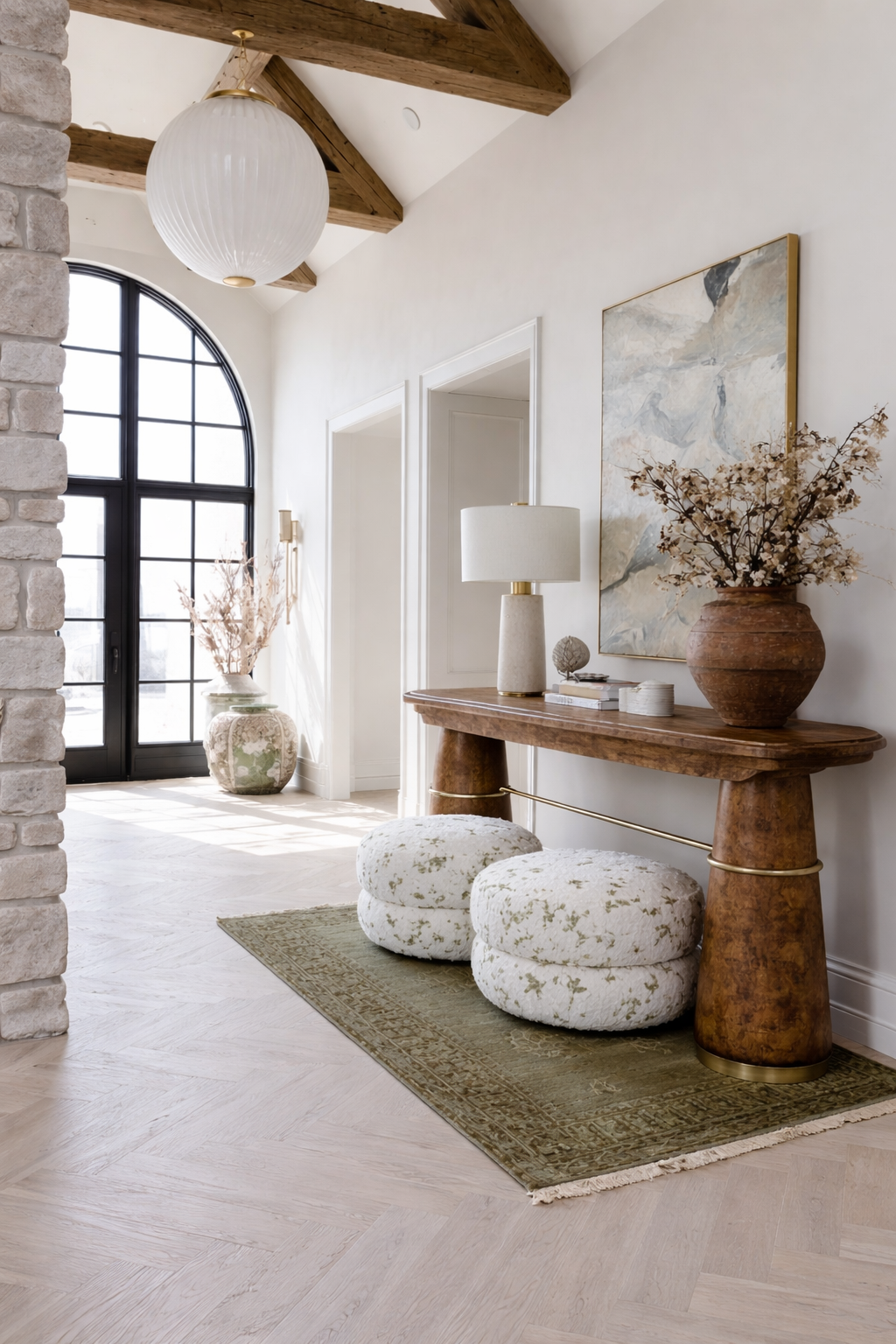 Burl Pedestal Console Table with Brass Detail