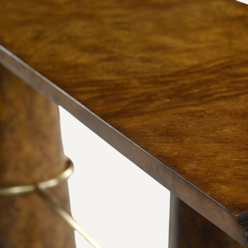 Burl Pedestal Console Table with Brass Detail
