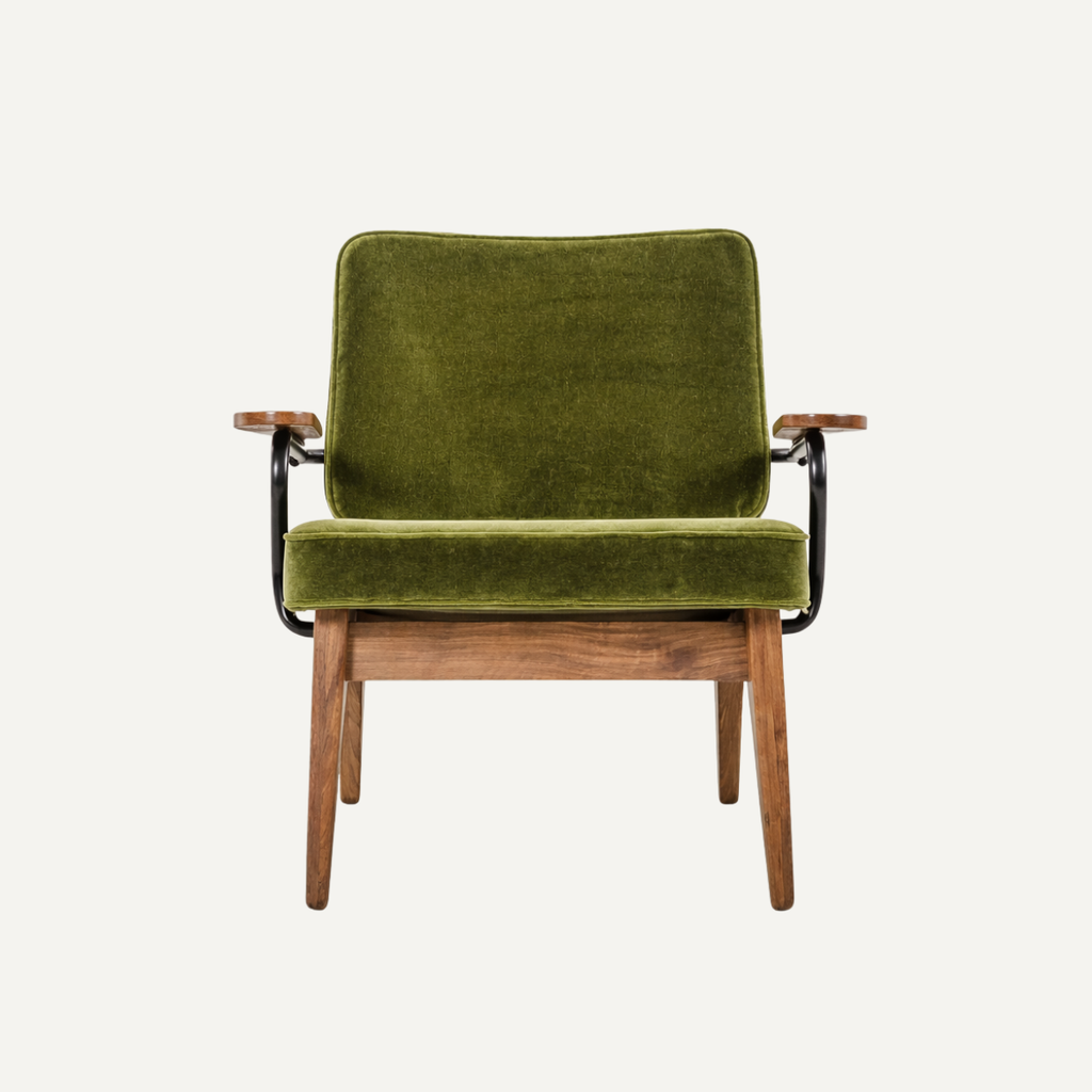 Velvet Lounge Chair with Walnut Frame